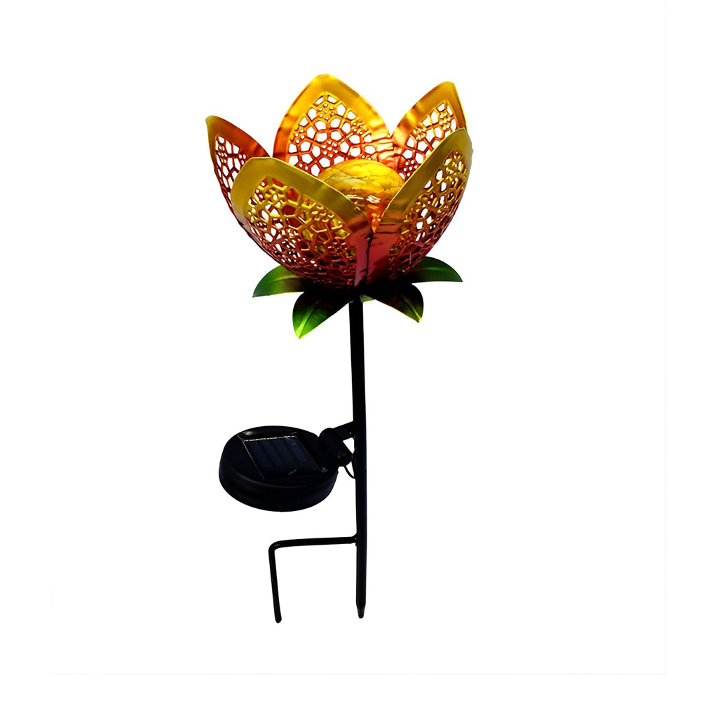 Lotus flower solar garden stake light with layered metal petals, green leaves, and an external solar panel.