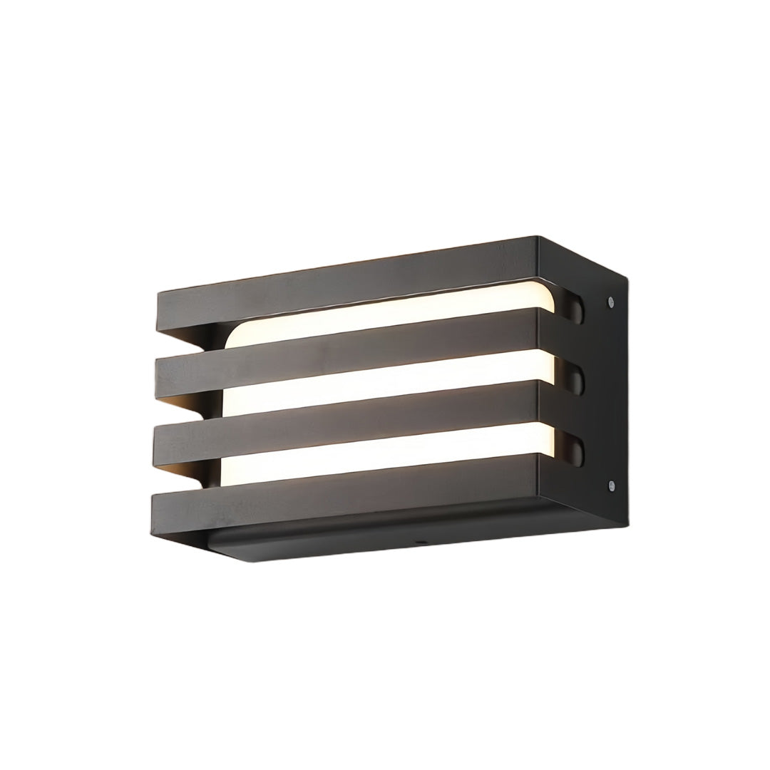 Contemporary horizontal outdoor wall lights LED unit with a sleek louvered design shown against a white backdrop.