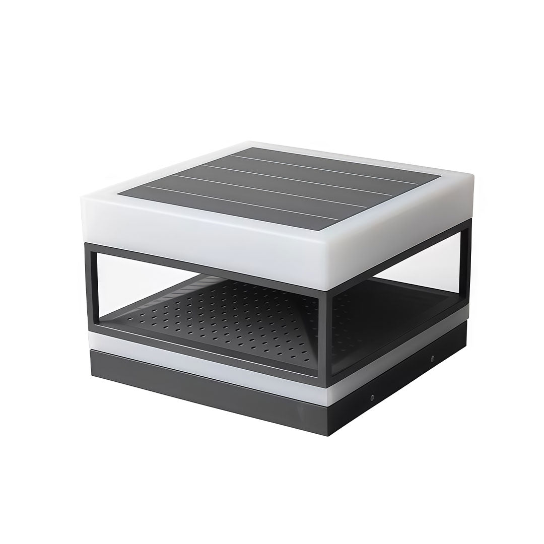 White pillar top light with a black metal frame and perforated sides, displayed from a low angle.