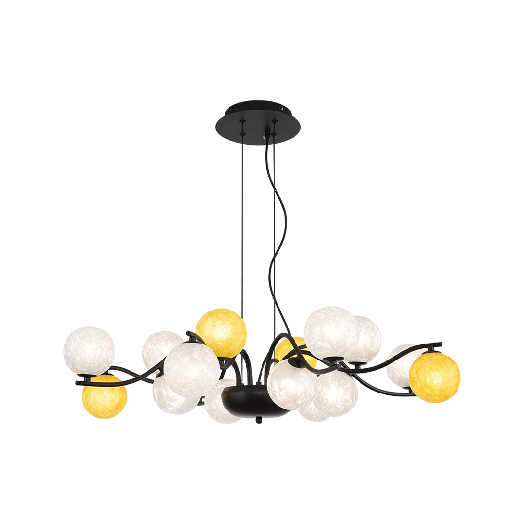 Low-profile bubble chandelier design with evenly distributed glass globes in a horizontal layout.