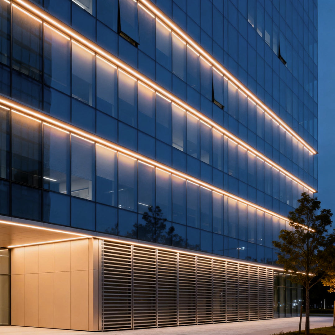 Low voltage wall wash light installed along the facade of a modern building, creating a sleek and even illumination.