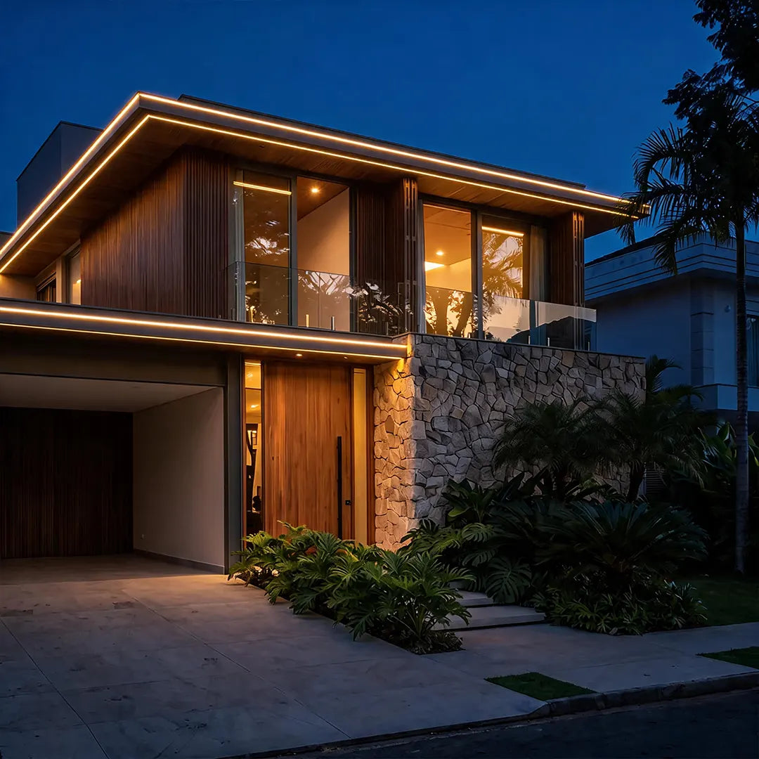 Low voltage wall wash light highlighting the exterior walls of a modern home at night.