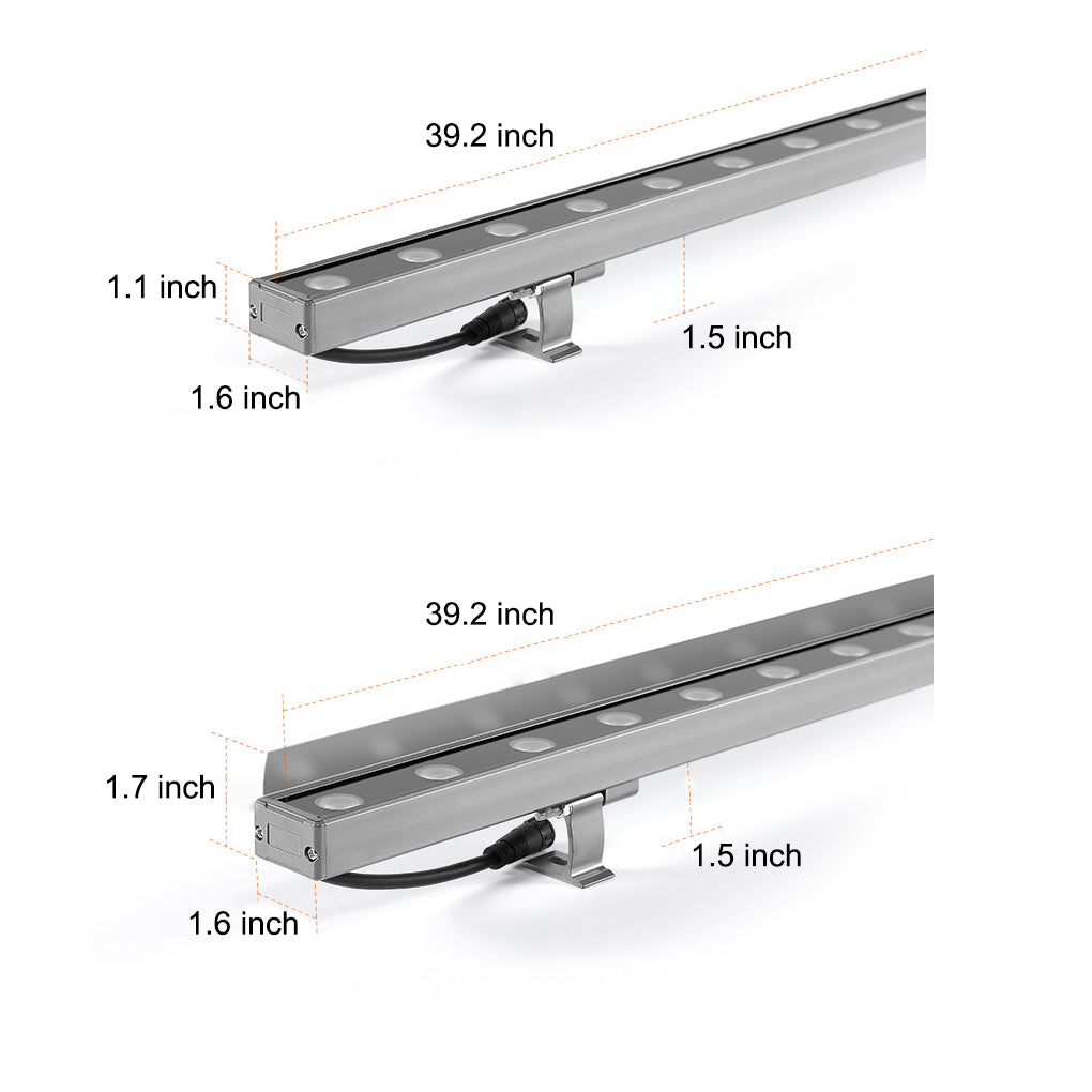 Technical diagram of a low voltage wall wash light, showing dimensions and installation specifications for 39.2-inch model.