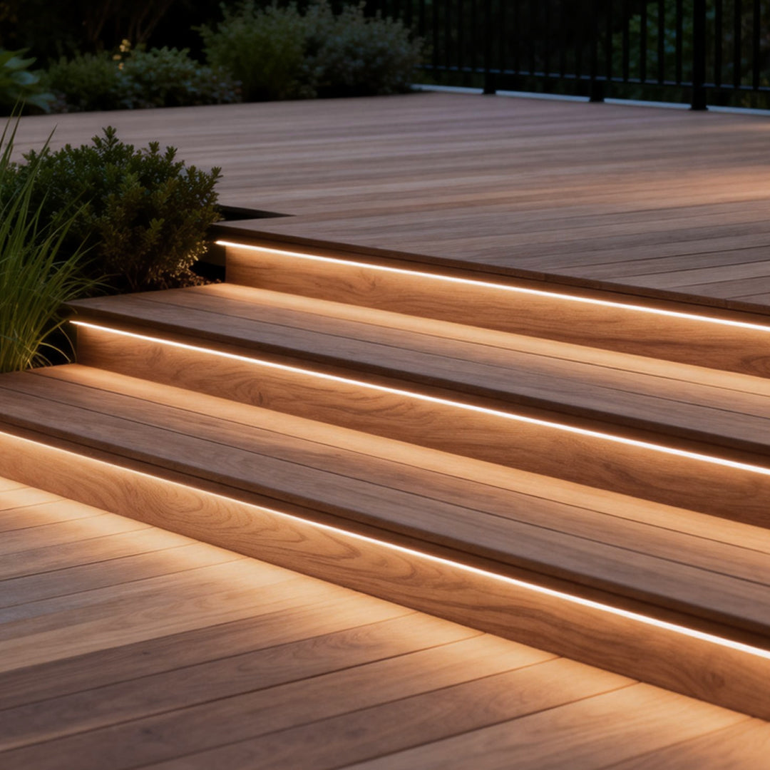 Low voltage wall wash light highlighting wooden steps with warm, subtle lighting for a cozy outdoor ambiance.