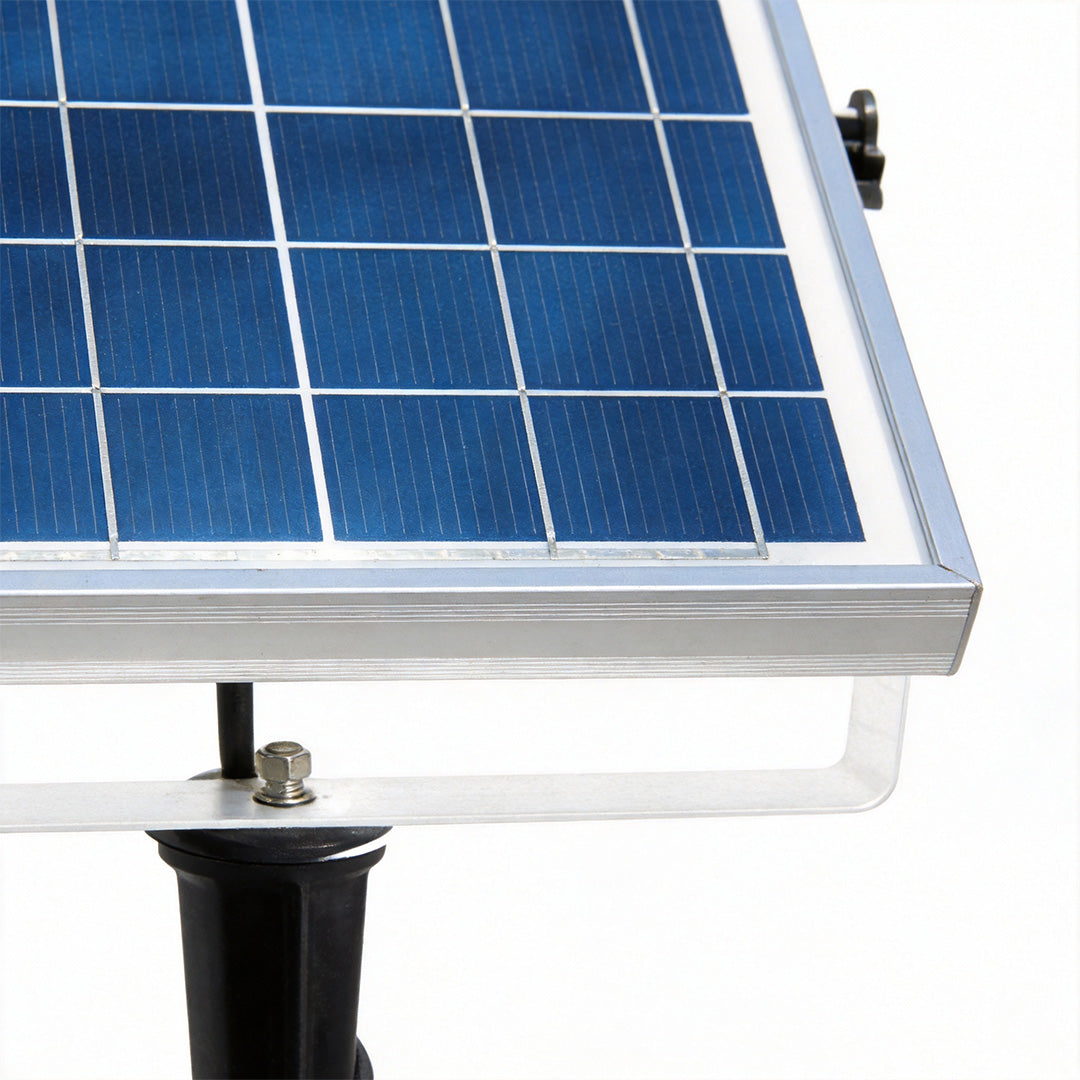 Luminous flower pots with a close-up view of the solar panel and glowing base.