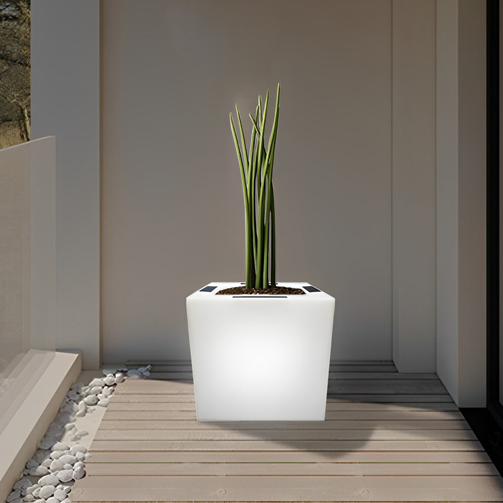 Luminous flower pots with a sleek design, providing ambient light in a backyard.