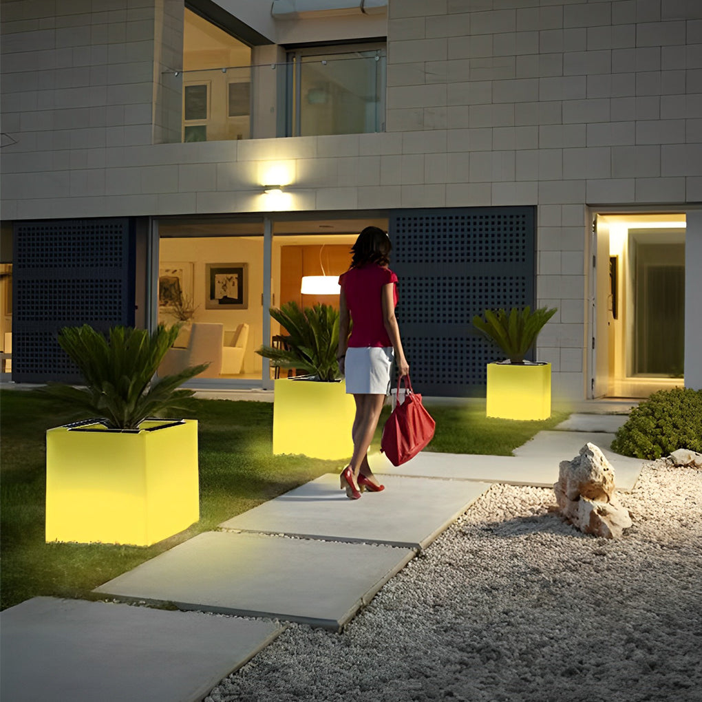 Luminous flower pots with a white finish, providing soft illumination near a walkway.