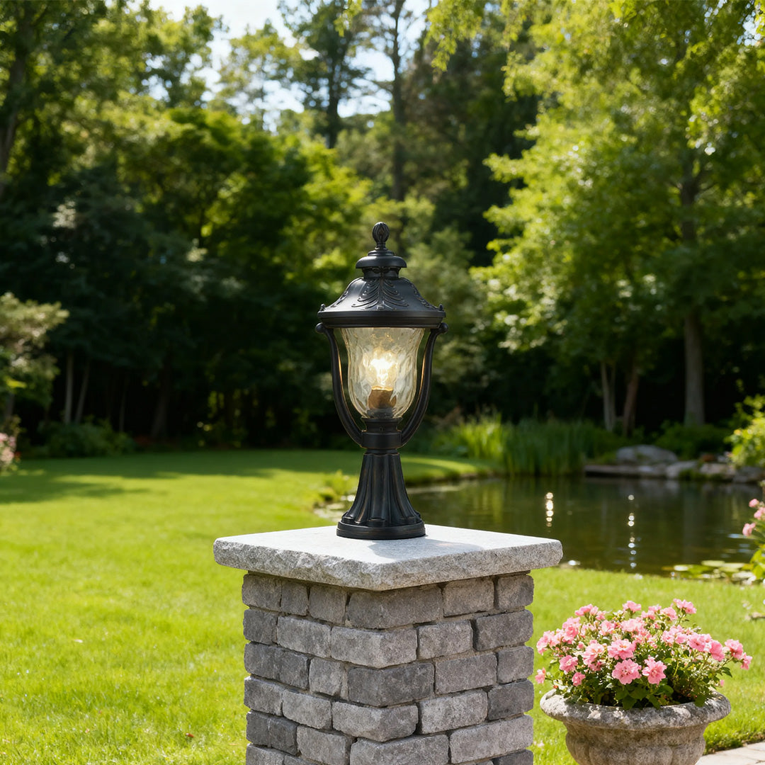 Modern pillar light in a lush garden, elegant and functional outdoor lighting fixture