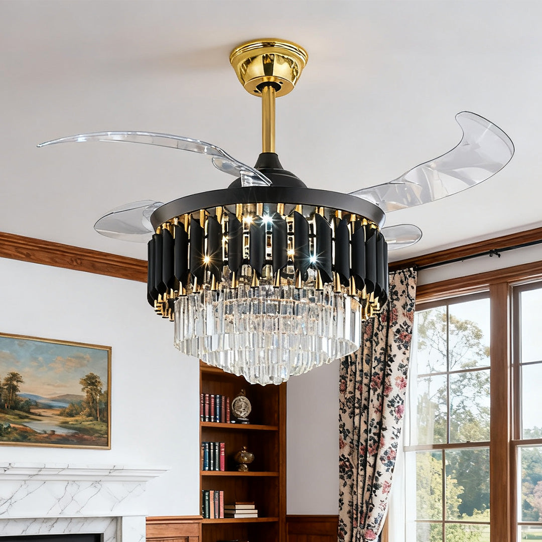 Luxurious black ceiling fans with light featuring crystal waterfall fringe and gold accent 