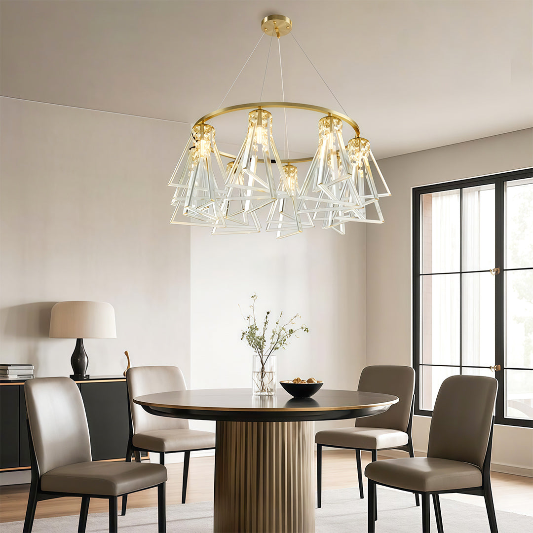Luxurious contemporary crystal chandelier with glass shade chandelier aesthetic illuminating modern dining room with warm ambient glow.