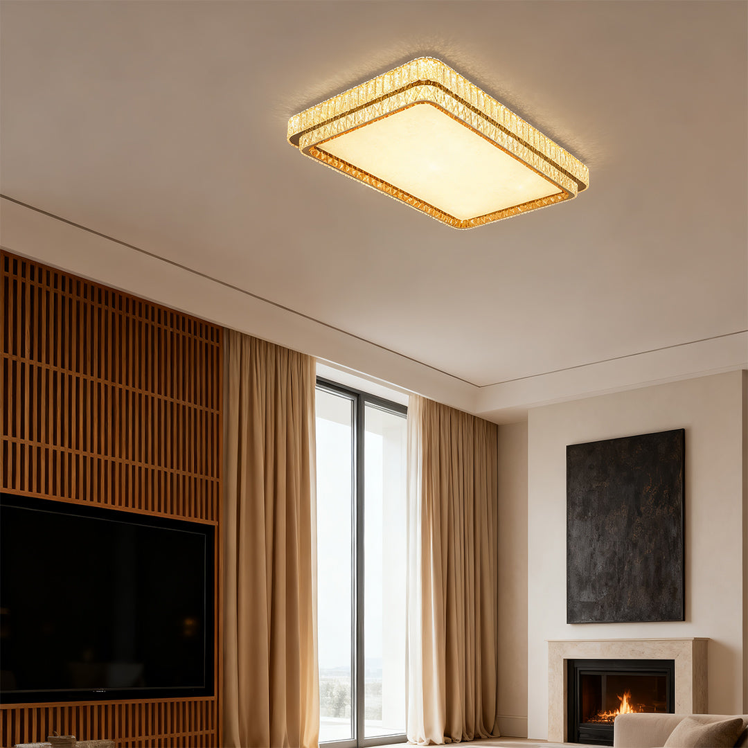 Luxurious contemporary flush mount lighting featuring glass shade chandelier design creating warm ambiance in modern wood-accented space.