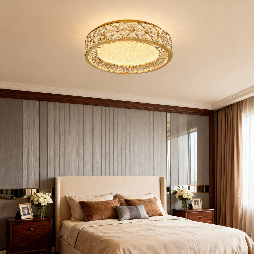 Luxurious decorative flush mount ceiling lights with glass shade chandelier styling providing ambient illumination in warm-toned bedroom space.