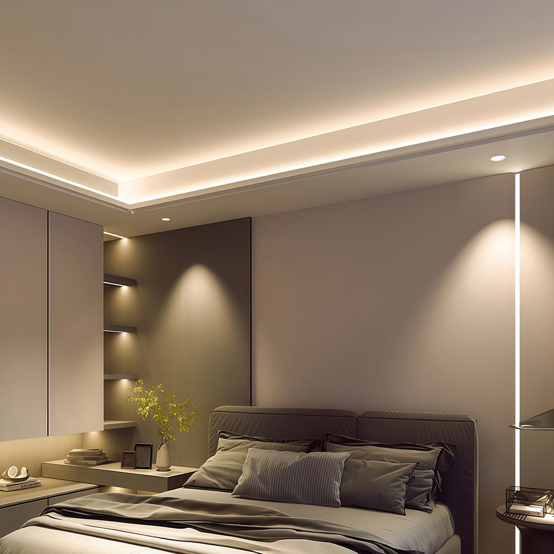 Luxurious flush mount spotlights featuring glass shade chandelier influence in dramatic dark living room with art and ambient glow.