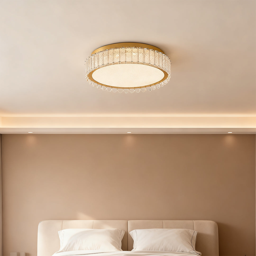 Luxurious flush mounted LED lights featuring glass shade chandelier design creating warm ambiance in elegant bedroom setting.