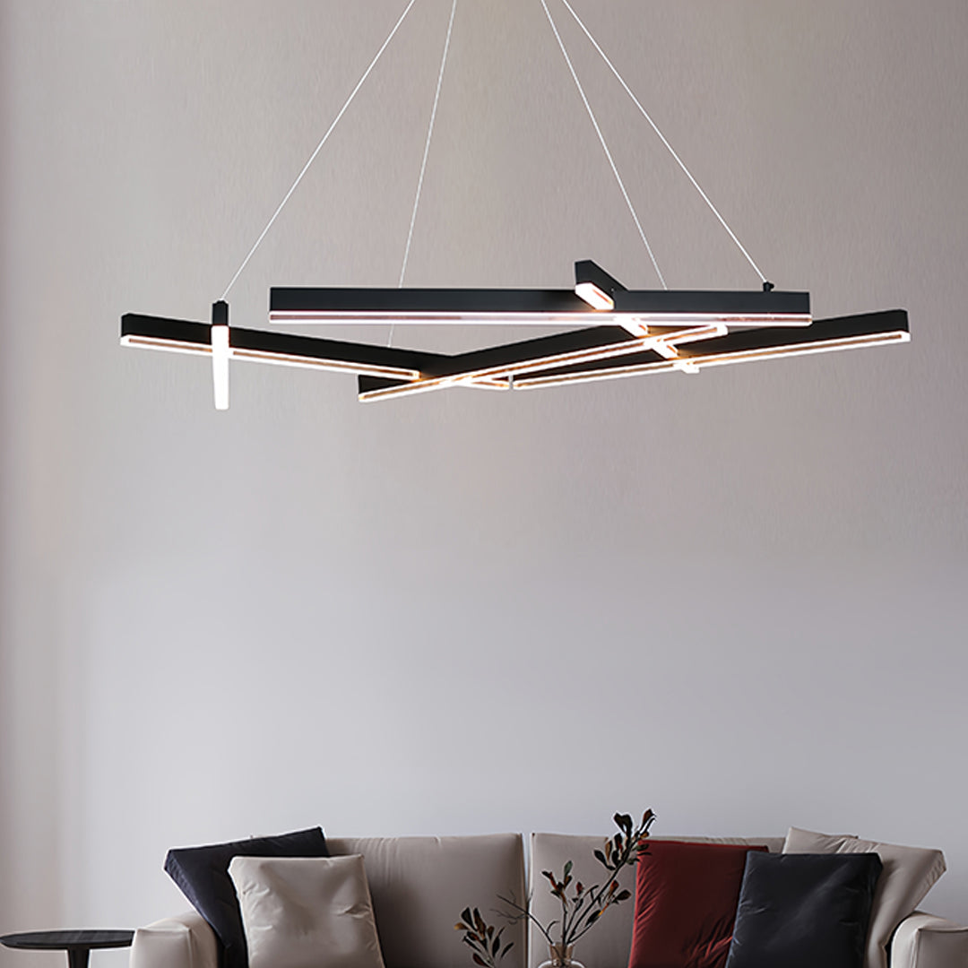 Luxurious interior featuring small black pendant light creating dramatic geometric lighting