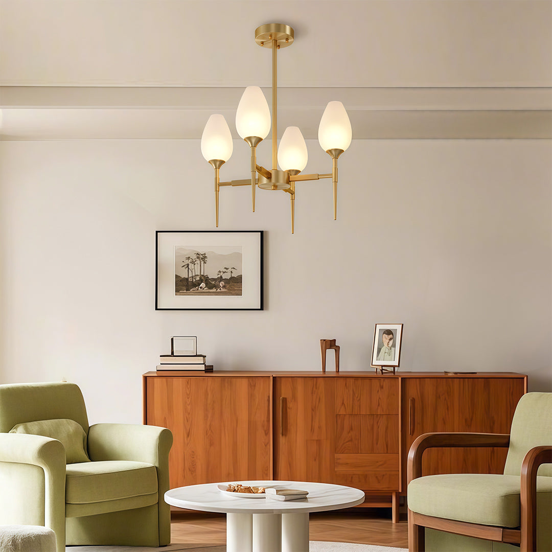 Luxurious glass modern chandelier featuring glass shade chandelier aesthetic illuminating mid-century living room with retro furniture.