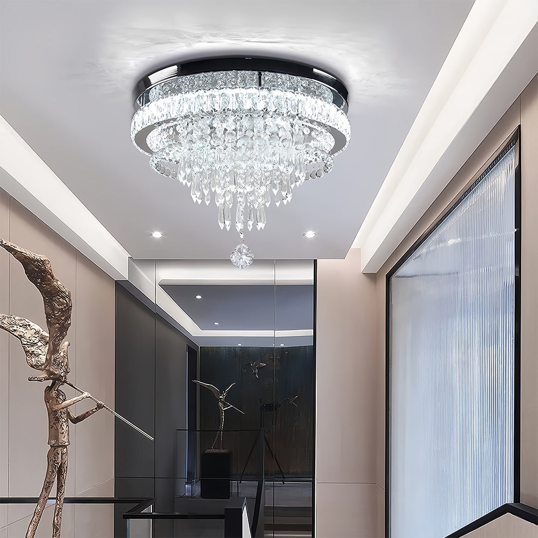 Luxurious gold flush mount light in upscale entryway with modern furnishings and sophisticated interior design