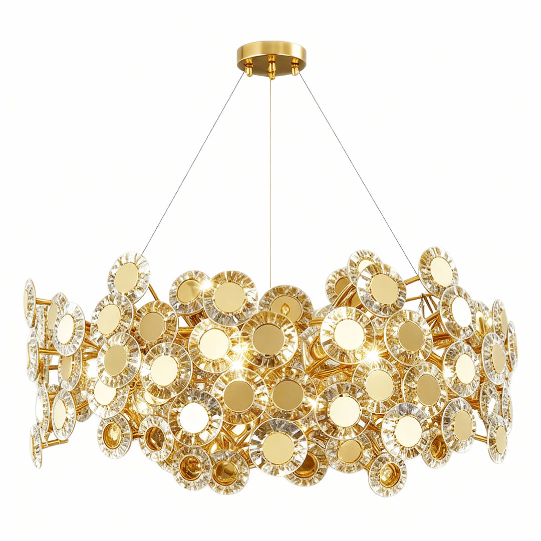Luxurious gold modern chandelier featuring circular frame with cascading flower-shaped crystal glass elements