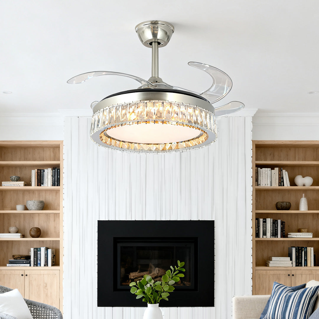 Luxurious invisible blade crystal ceiling fan with light over a modern living room fireplace 