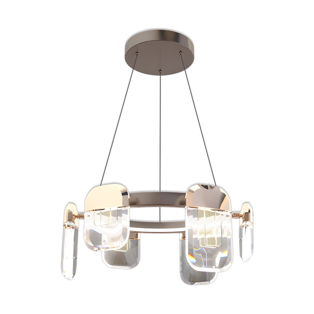 Luxurious italian crystal chandelier with circular frame and geometric crystal glass elements in warm bronze