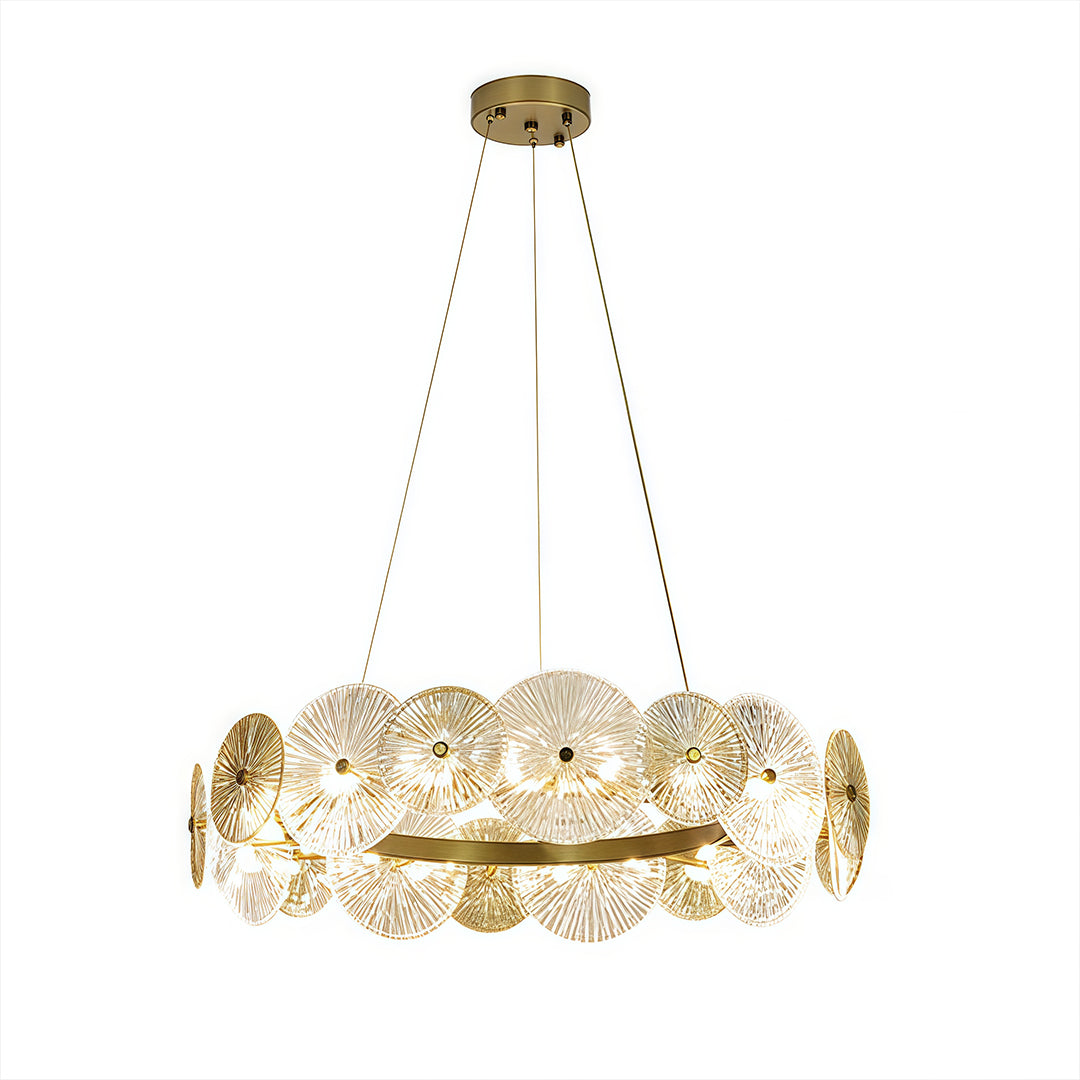 Luxurious large glass chandelier with crystal details, sophisticated and glamorous ceiling lighting