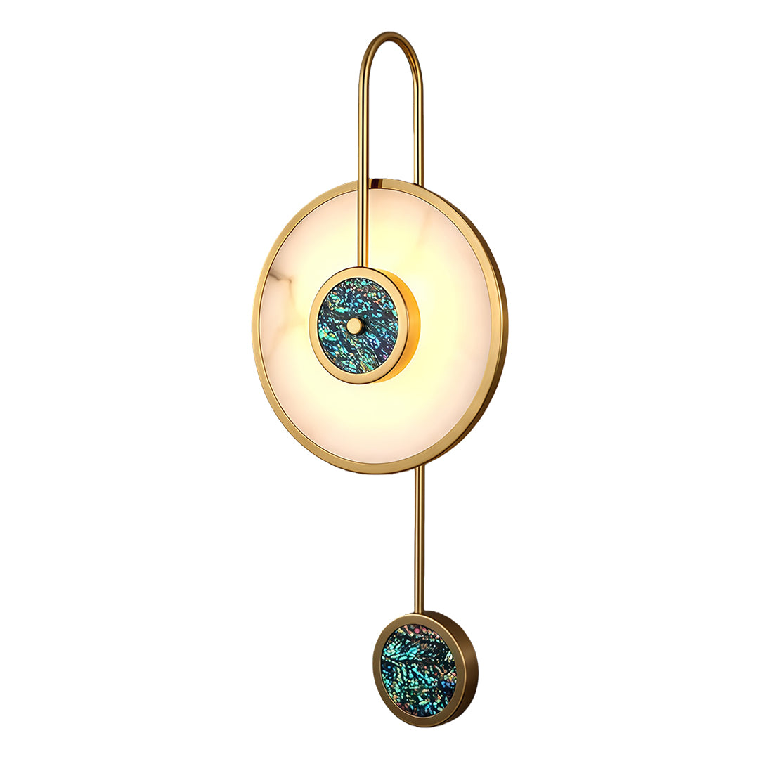 Luxurious marble wall light with gold circular halo and decorative turquoise crystal sphere pendant