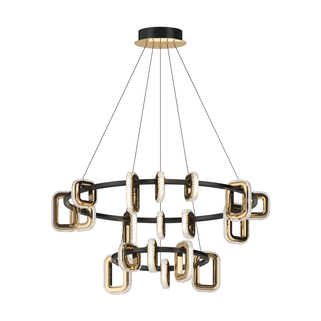 Luxurious modern gold chandeliers showcasing dual-tier circular design with rectangular glass cage pendant arrangement