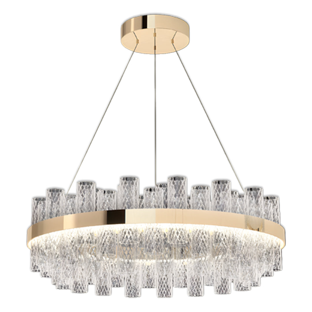 Luxurious modern led lighting chandelier presenting circular ring with abundant crystal glass drops in gold finish