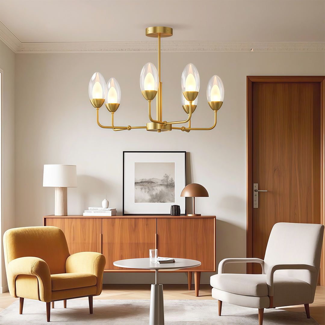 Luxurious modern minimalist chandelier featuring glass shade chandelier styling illuminating contemporary living room with neutral palette.