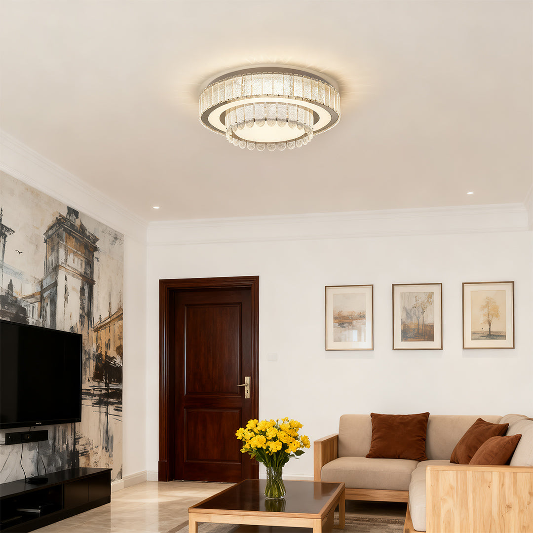 Luxurious round modern flush mount light fixtures featuring glass shade chandelier design in contemporary living space.