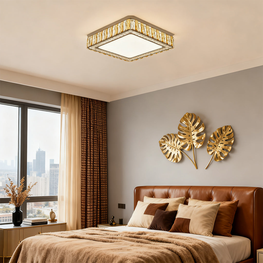 Luxurious square LED flush mounted ceiling lights featuring glass shade chandelier design in warm contemporary bedroom setting.