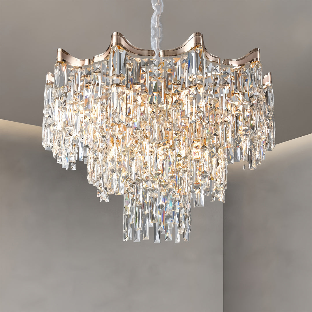 Grand tiered glass chandelier with cascading crystal tiers on the ceiling