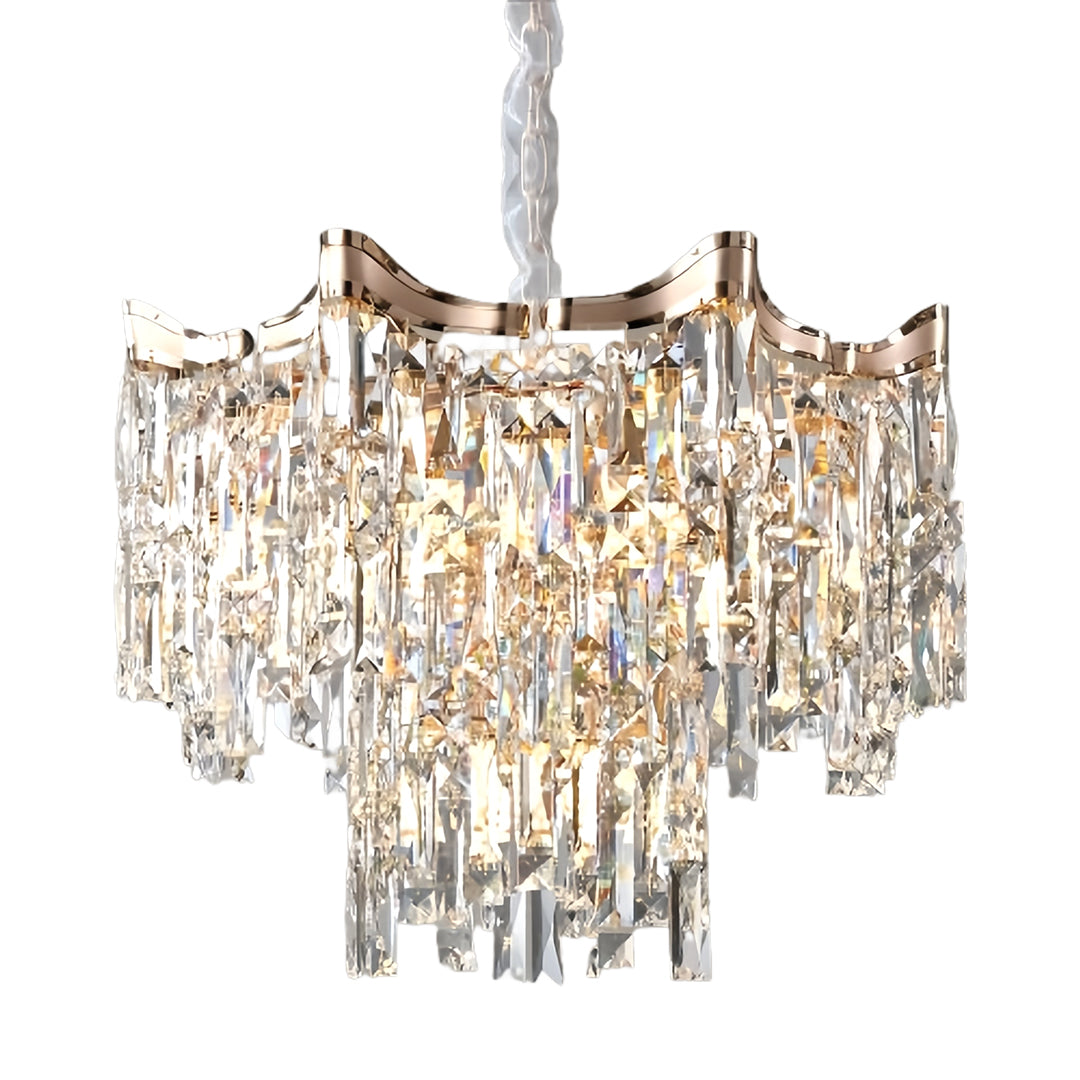 Luxurious tiered glass chandelier featuring multi-level crystal design with ornate gold-finished frame
