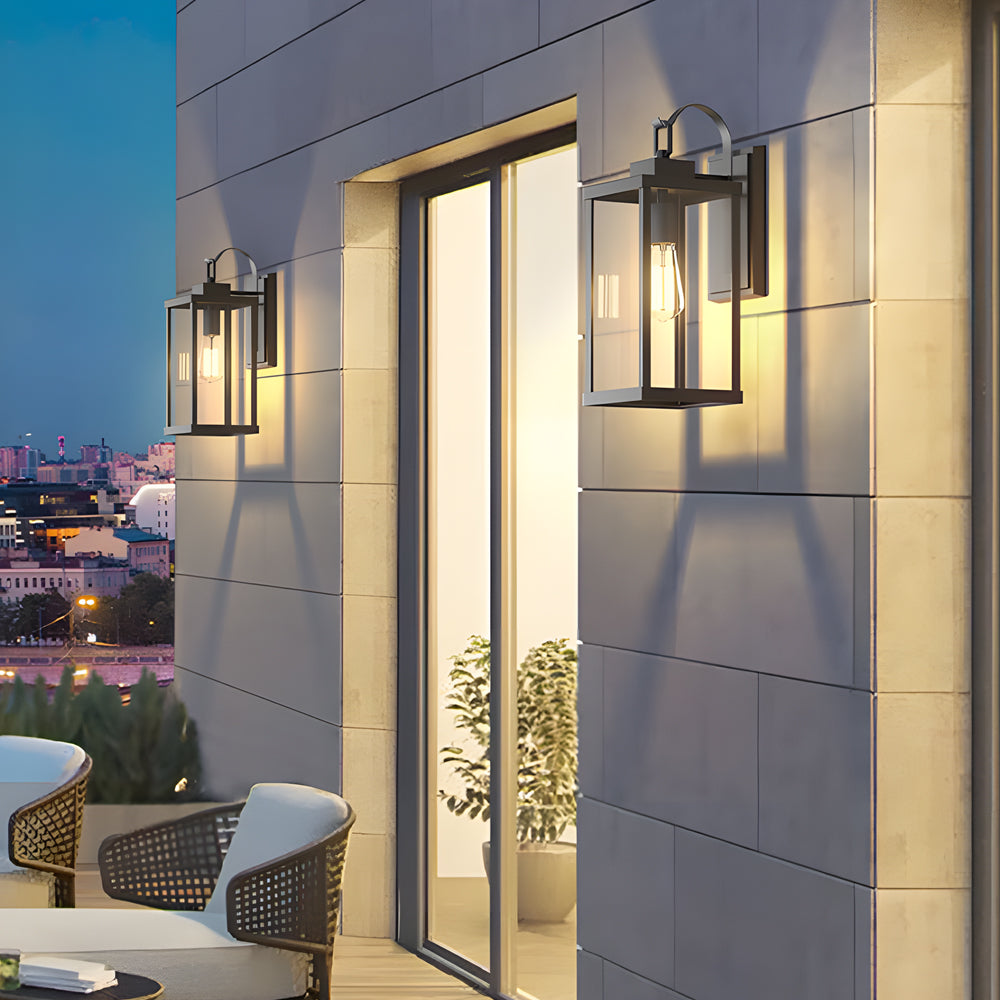 Luxury balcony space showcasing multiple matching wall sconces providing stylish exterior lighting design