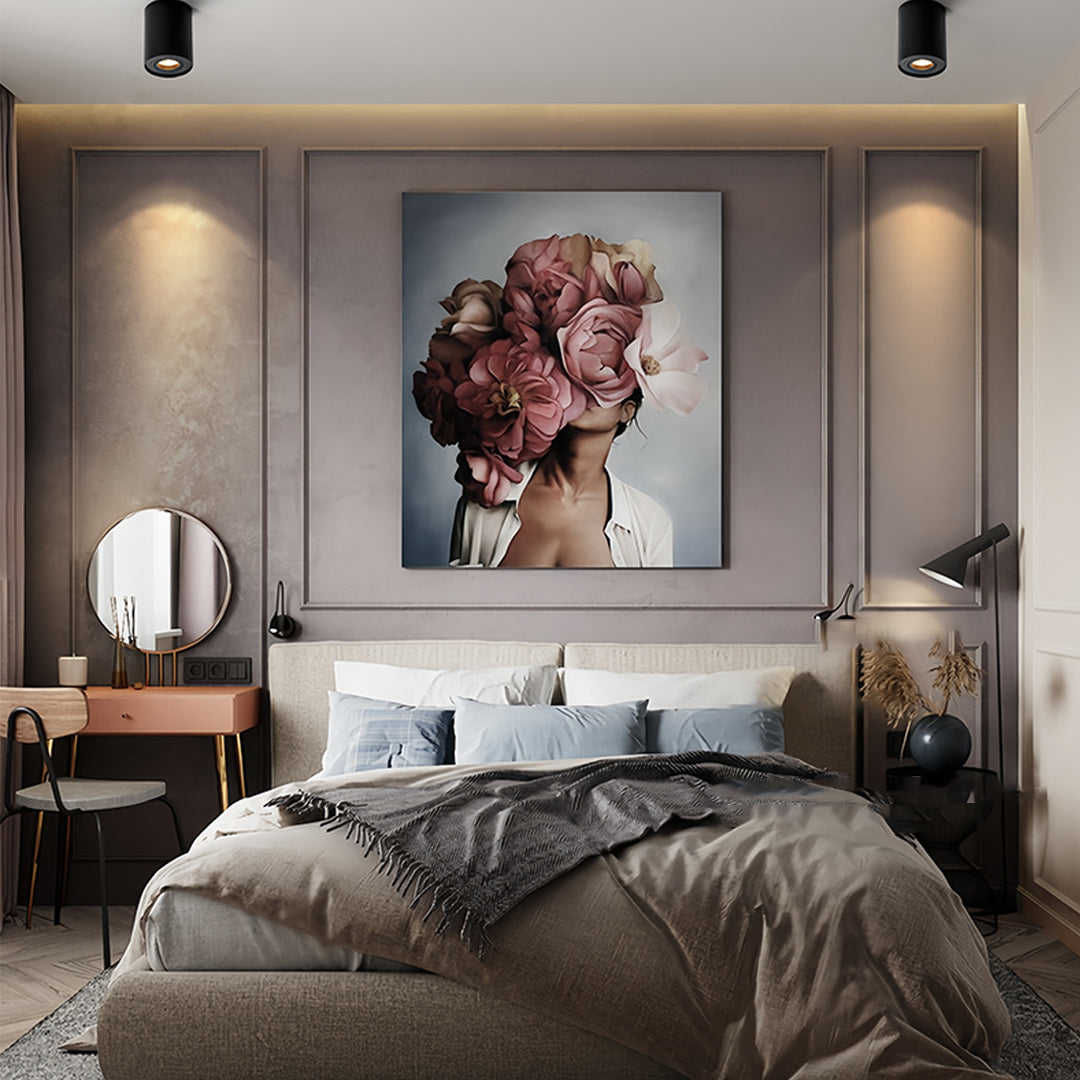 Luxury bedroom with dual black surface mounted downlight fixtures creating layered lighting scheme