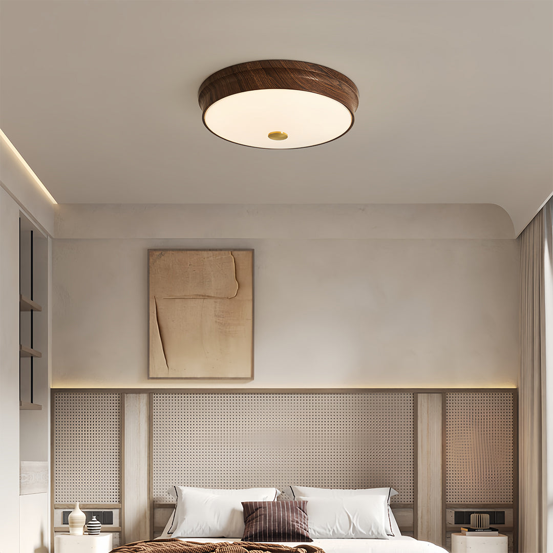 Luxury bedroom with vintage art deco flush mount ceiling light, sophisticated and timeless ambiance