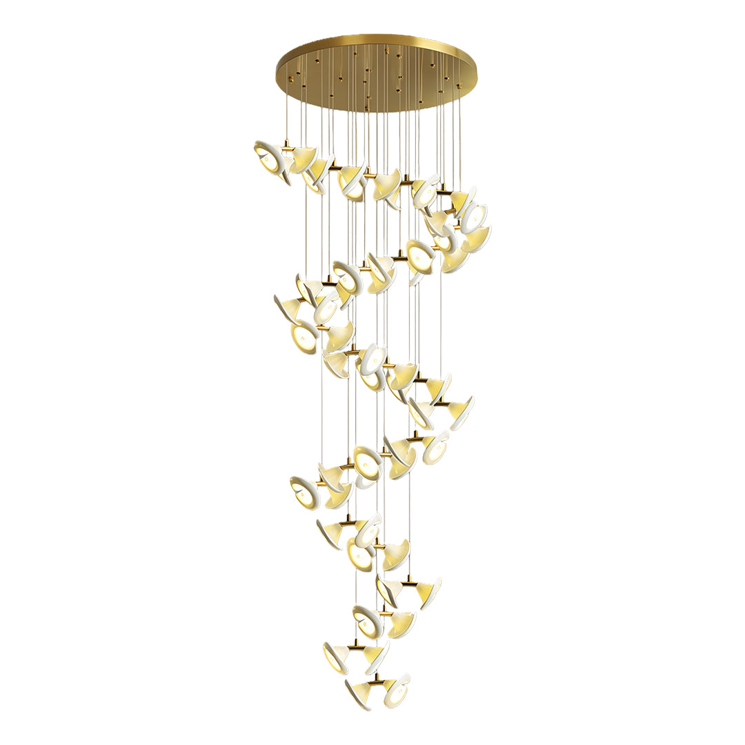 Luxury modern brass ceramic chandeliers with spiral LED lights in staircase.