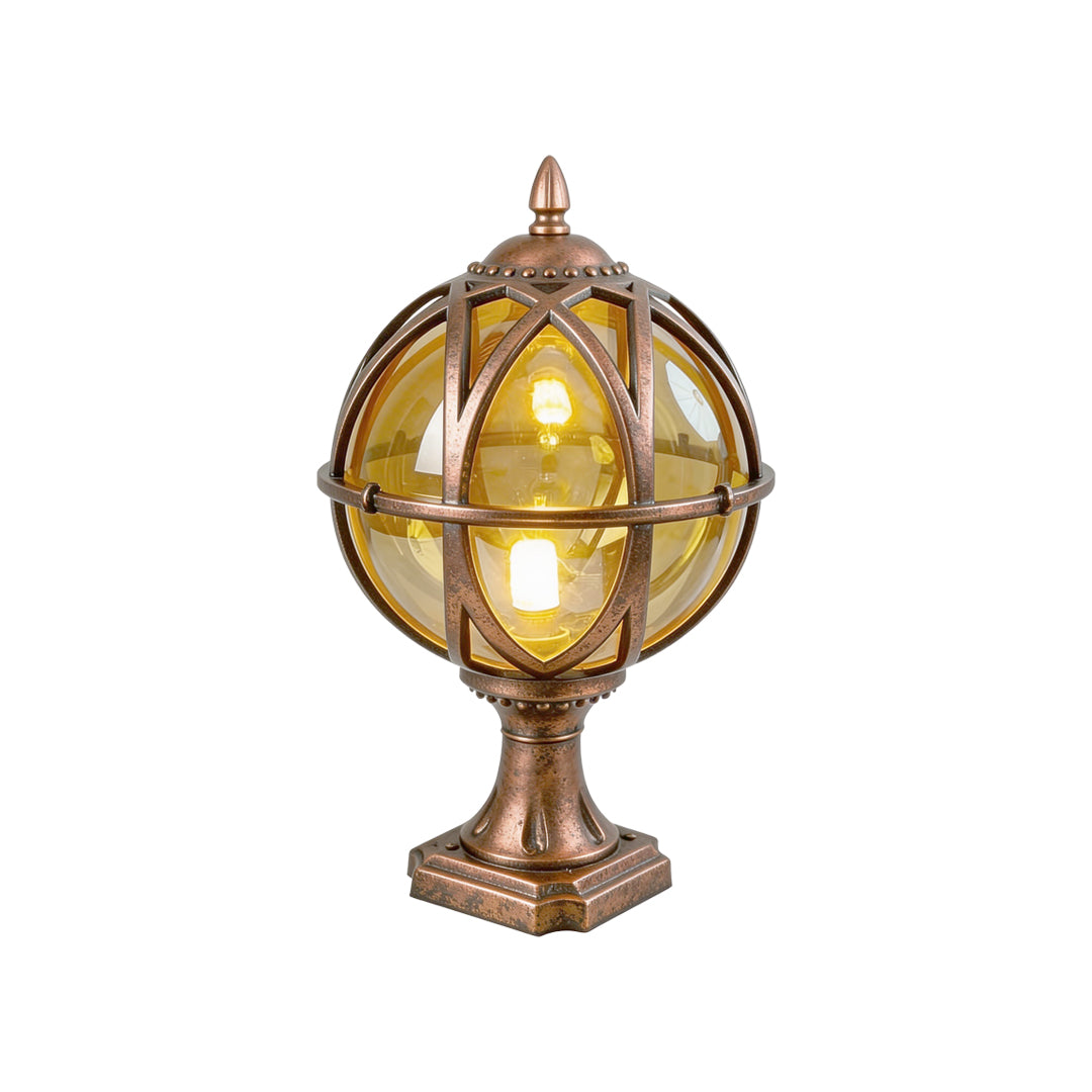 Luxury bronze globe pillar light with decorative metal cage and warm bulb for outdoor estates.