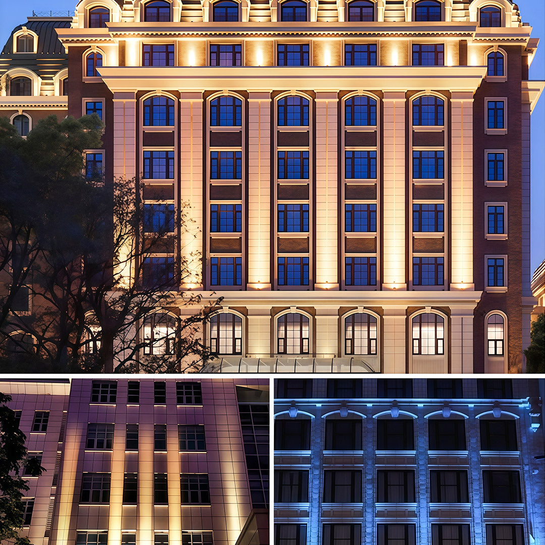 Luxury building illuminated with square LED wall wash lights.