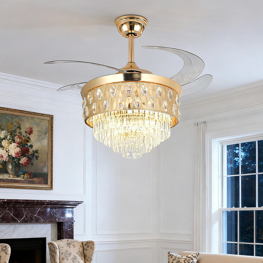 Luxury ceiling fans with crystal lights illuminating a master bedroom with traditional artwork 