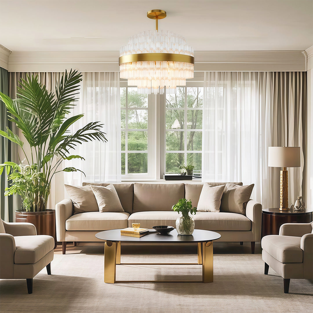 Industrial modern chandelier creating focal point in bright living room with natural greenery