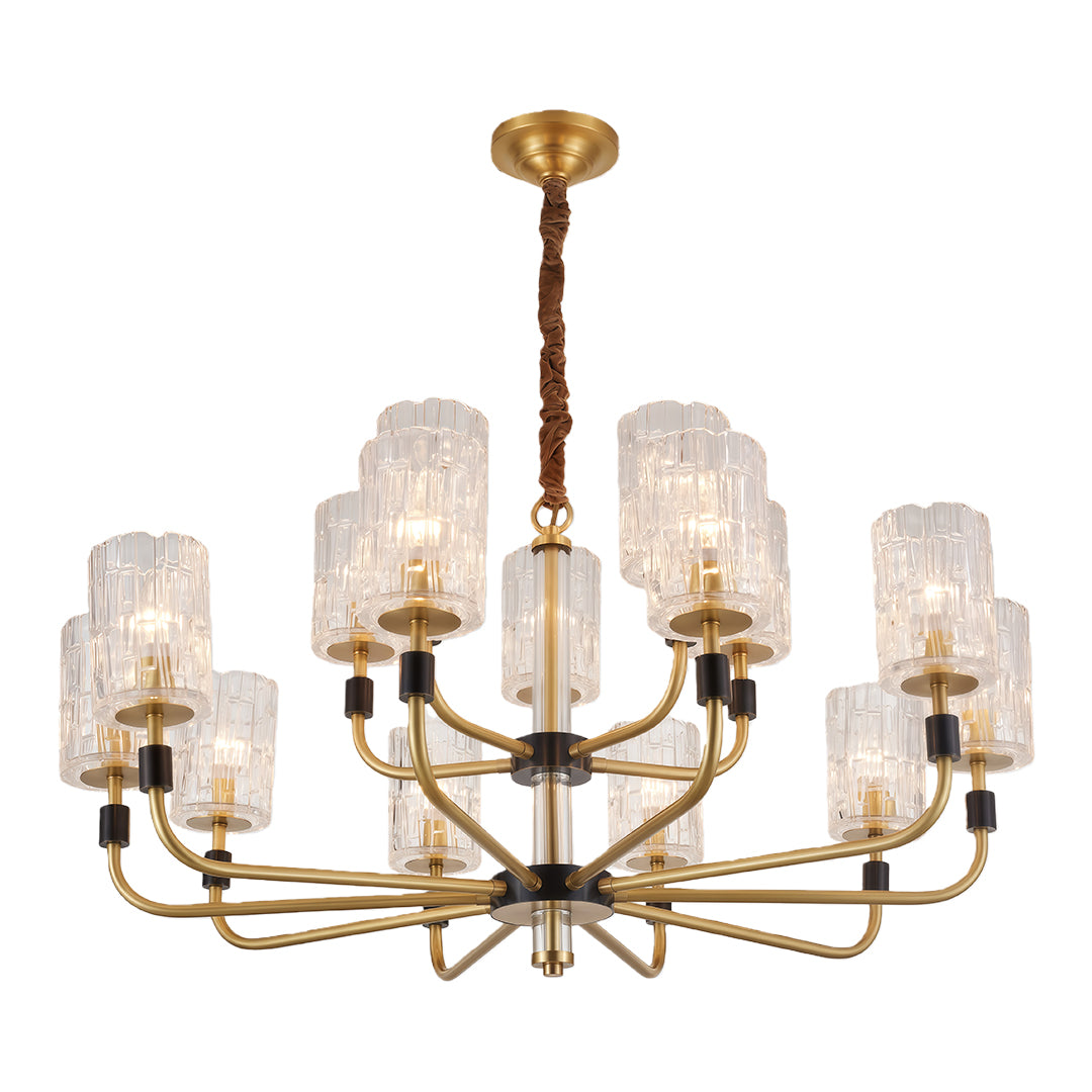 Luxury chandelier modern illuminating bright living room with white walls and large windows