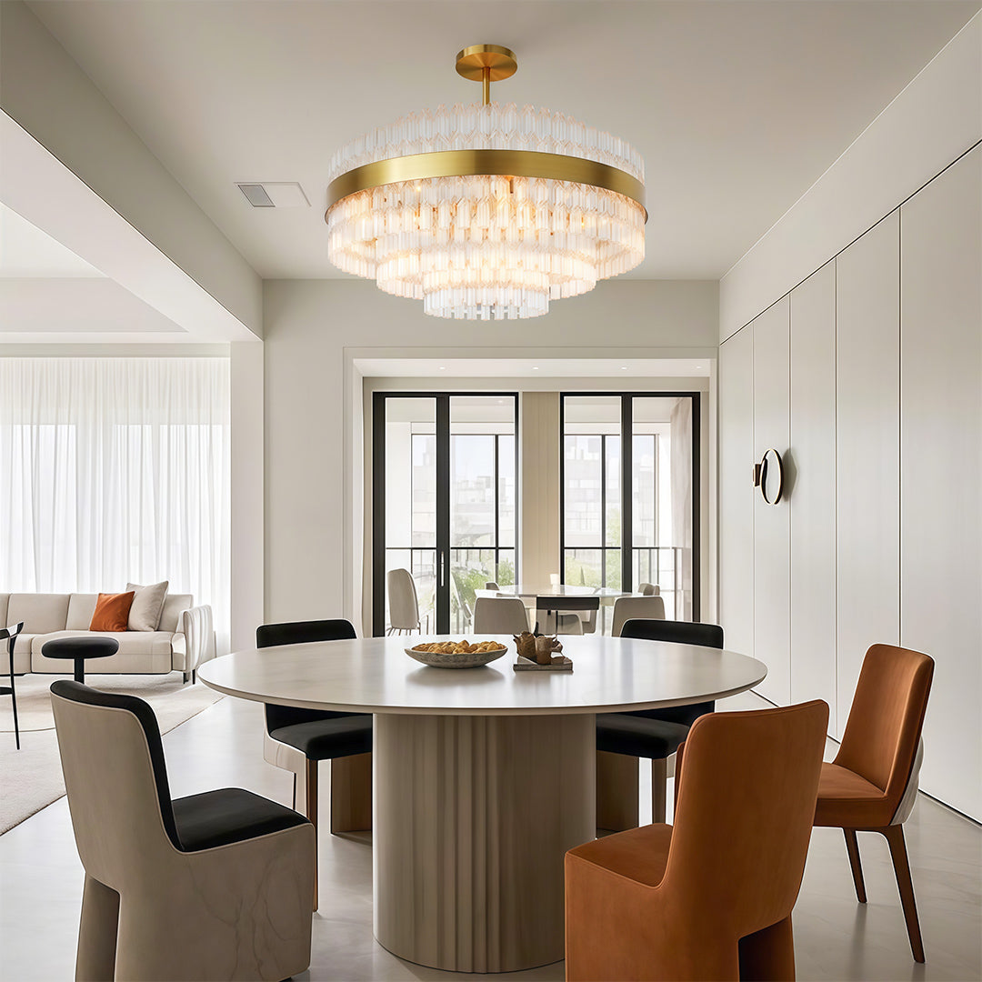 Modern luxury chandeliers enhancing contemporary dining space with round wooden table