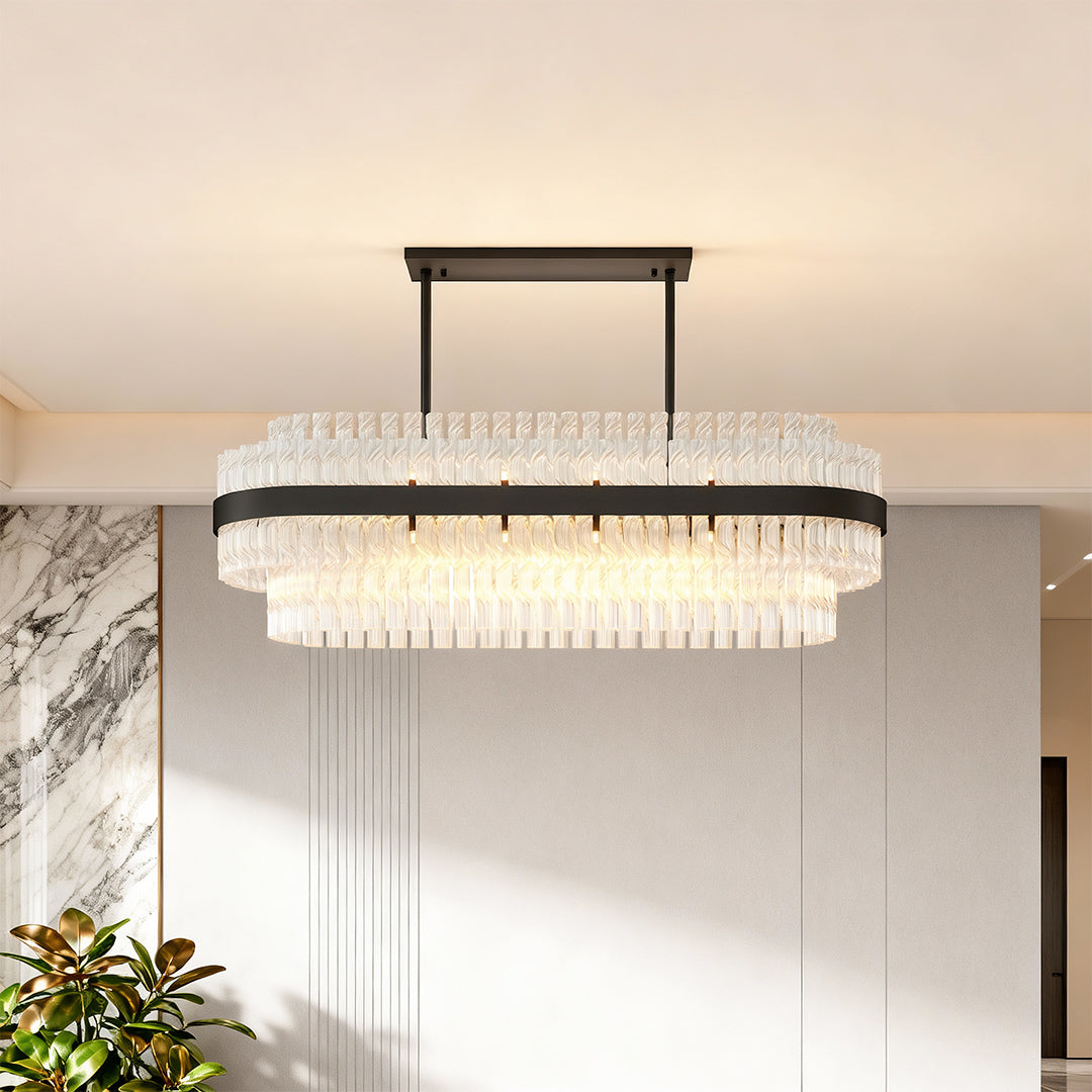 Industrial modern chandelier providing ambient light in contemporary hallway dining area