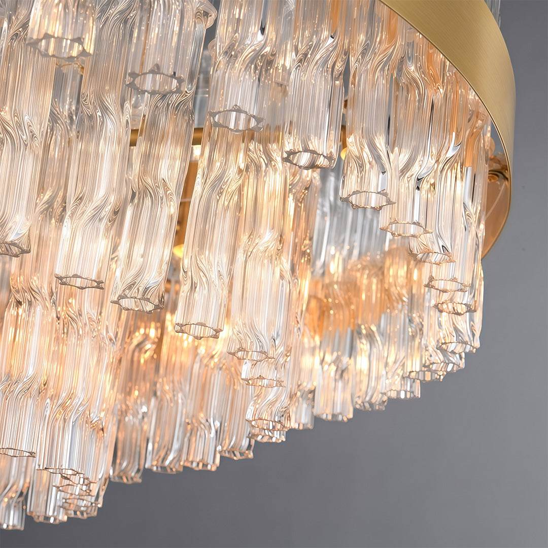 Industrial modern chandelier close-up showcasing intricate crystal glass and metalwork details