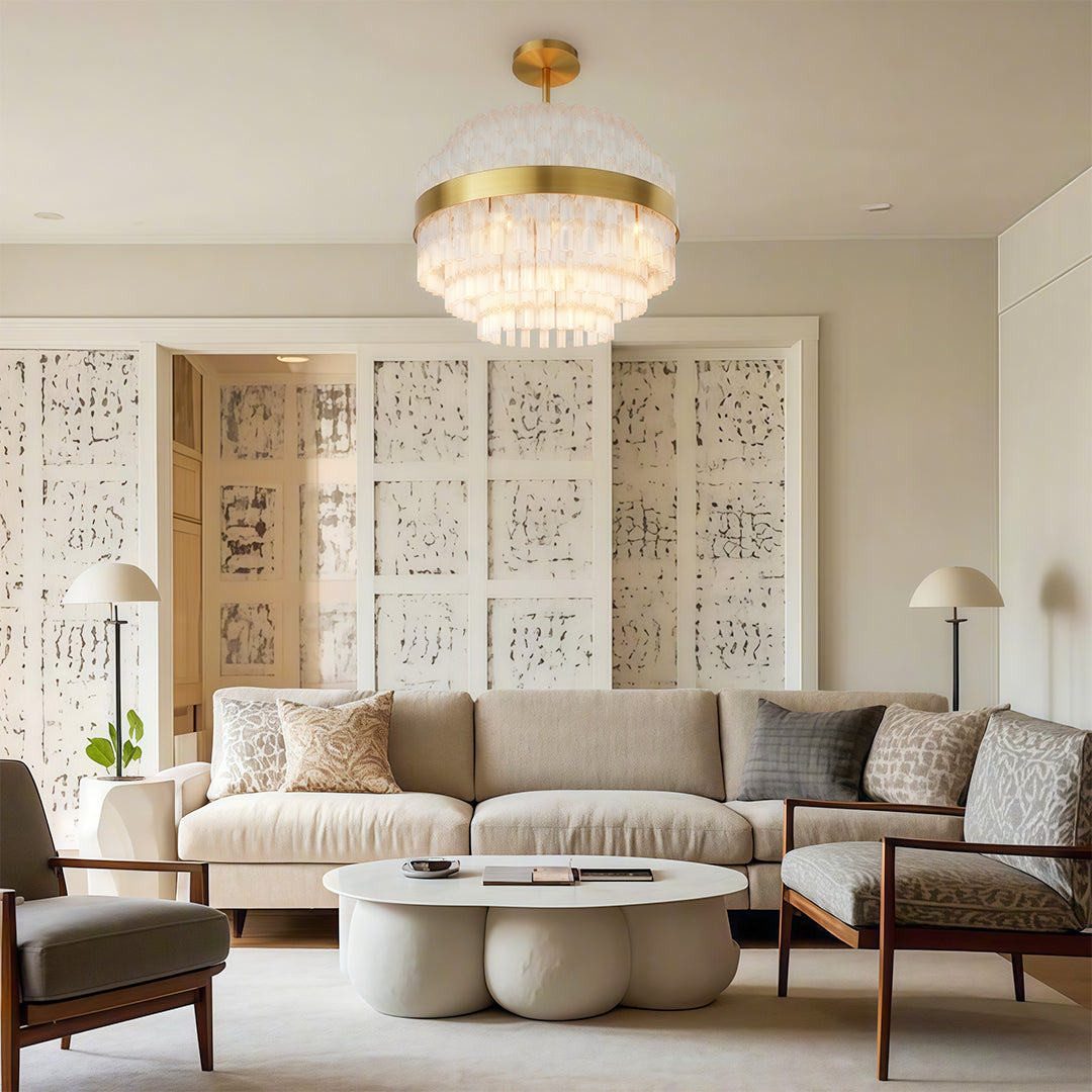 Industrial modern chandelier illuminating elegant living room with decorative wall panels