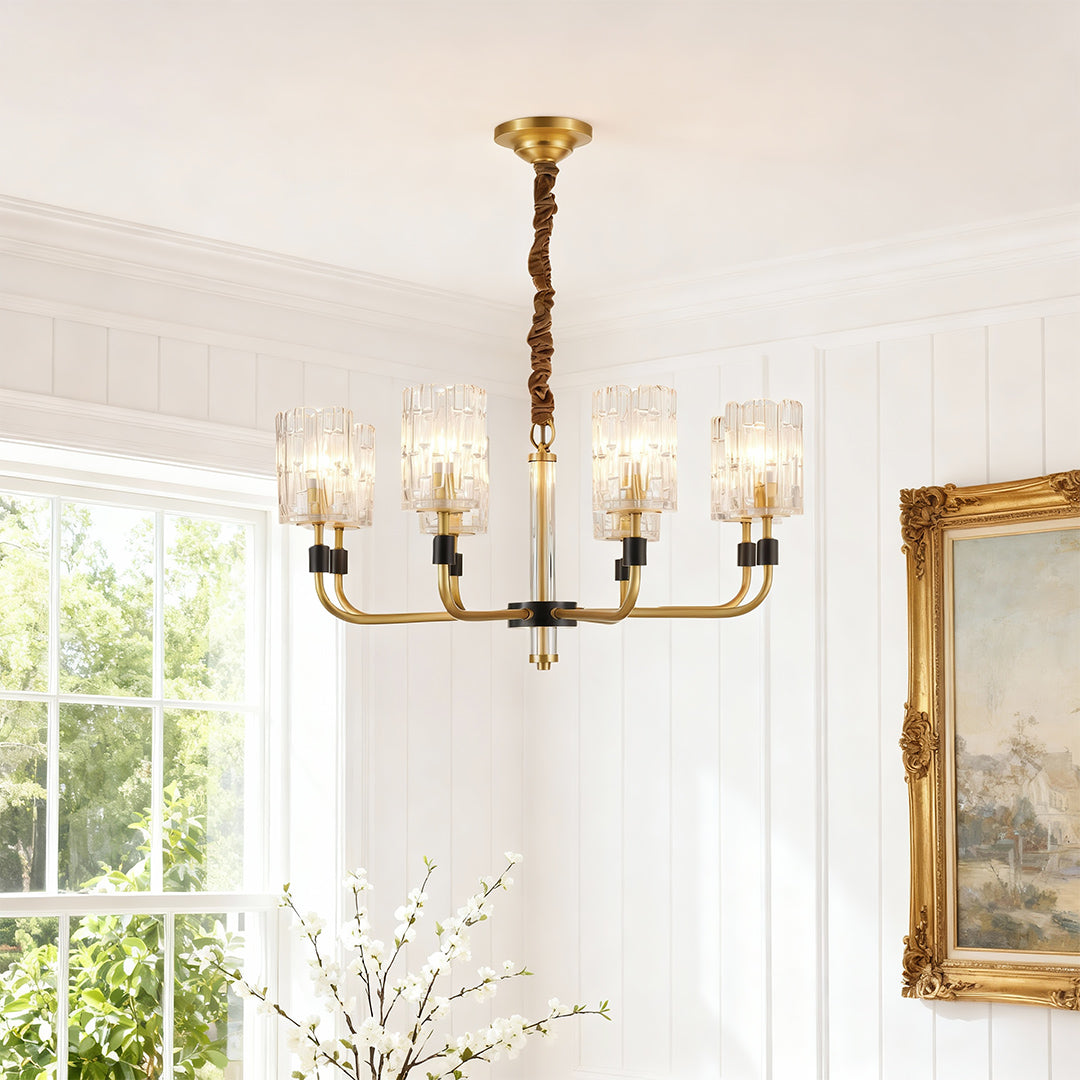 Modern luxury chandeliers creating elegant ambiance in traditional living space with arched window