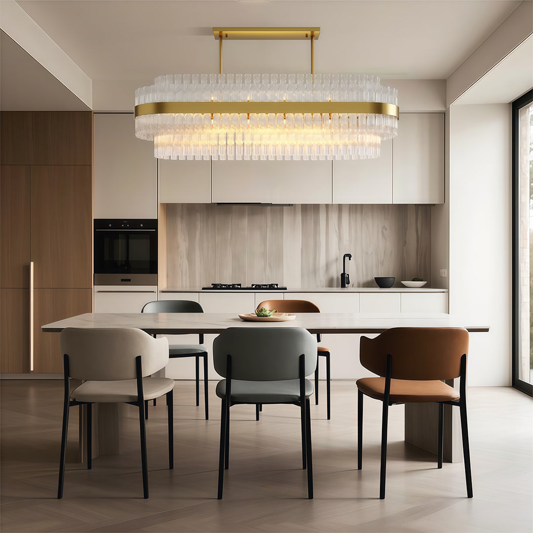 Industrial modern chandelier lighting contemporary kitchen dining space with neutral tones