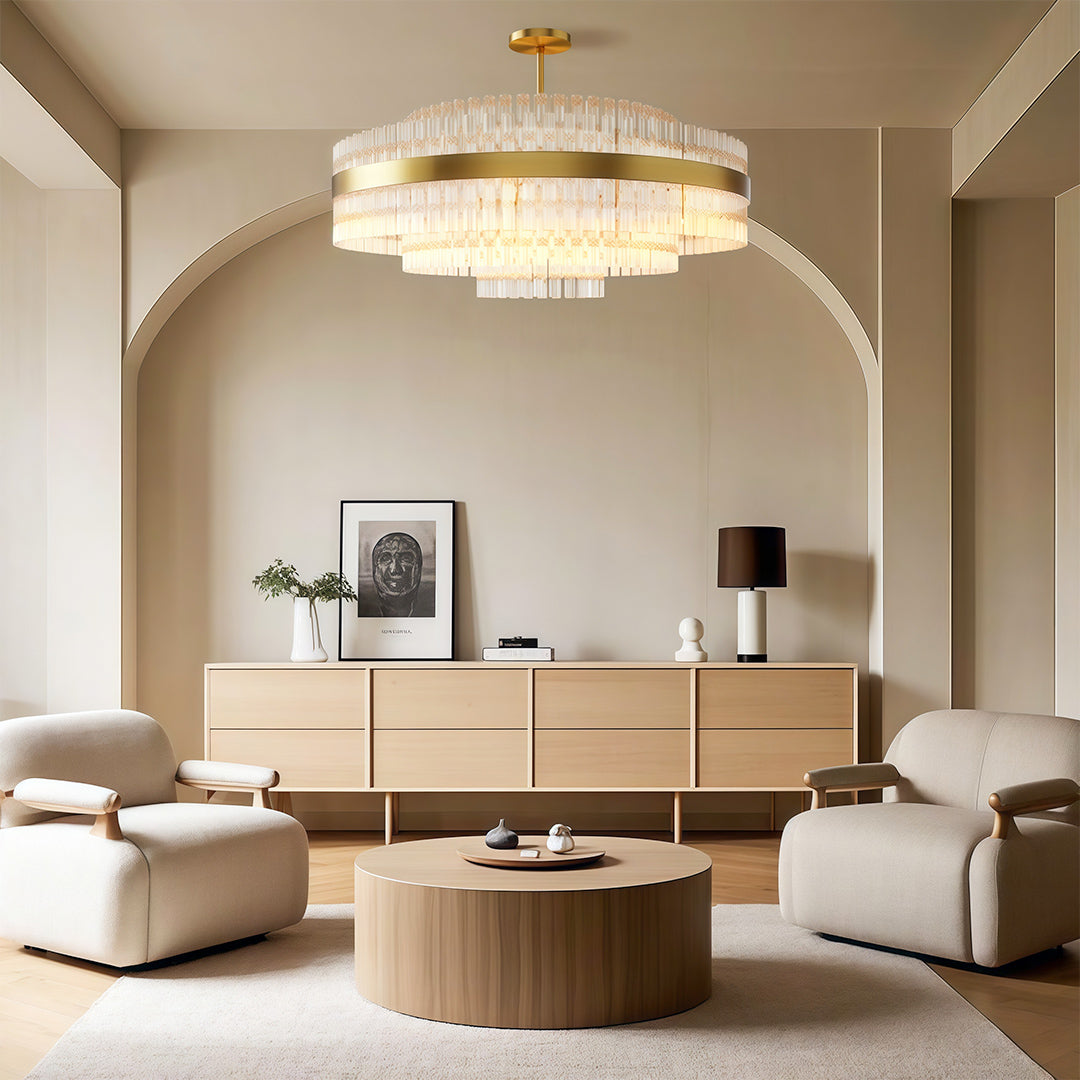 Industrial modern chandelier featured in serene open-concept living and dining area