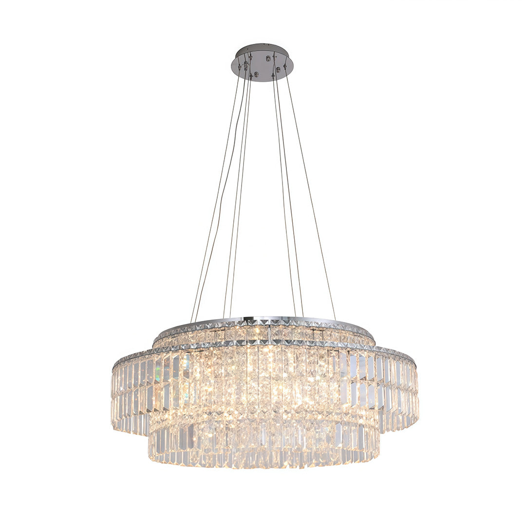 Luxury chandelier with round crystals displaying layered drum shape with clear crystal glass elements.